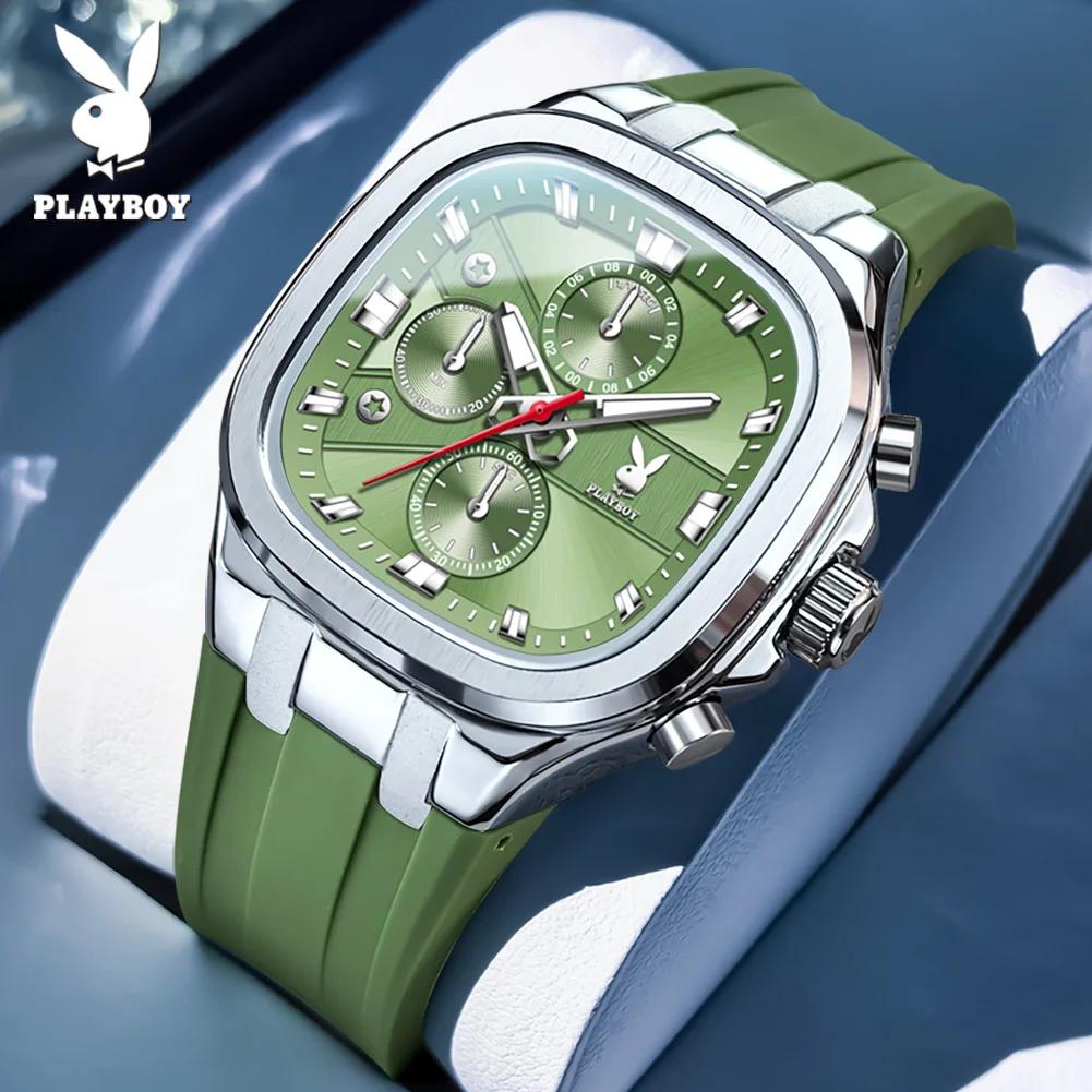 PLAYBOY 3076 Montres pour hommes, marque de luxe haut de gamme, cadran carré, bracelet en silicone, 
