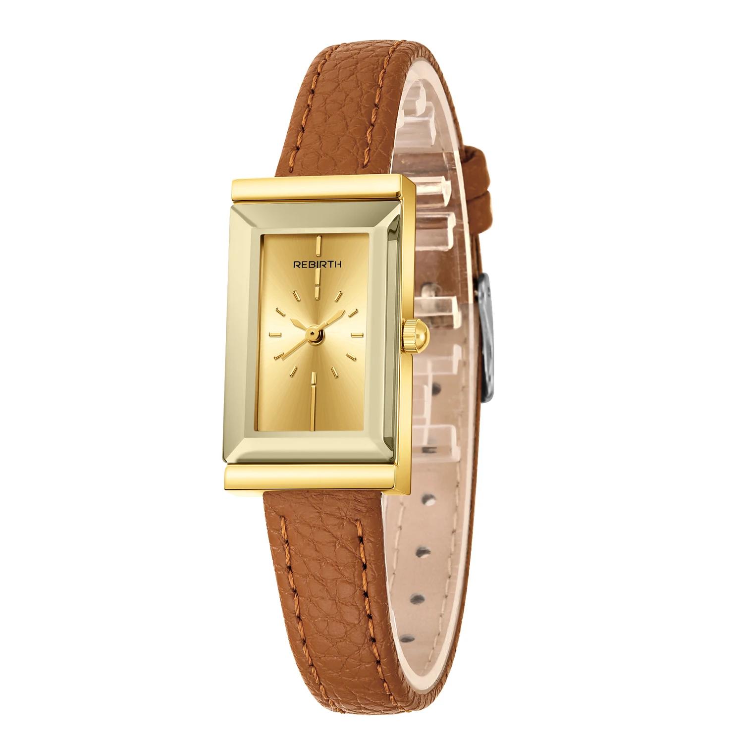 1 montre pour femme de style rétro français, petite, avec bracelet en cuir grainé, cadran doré simpl
