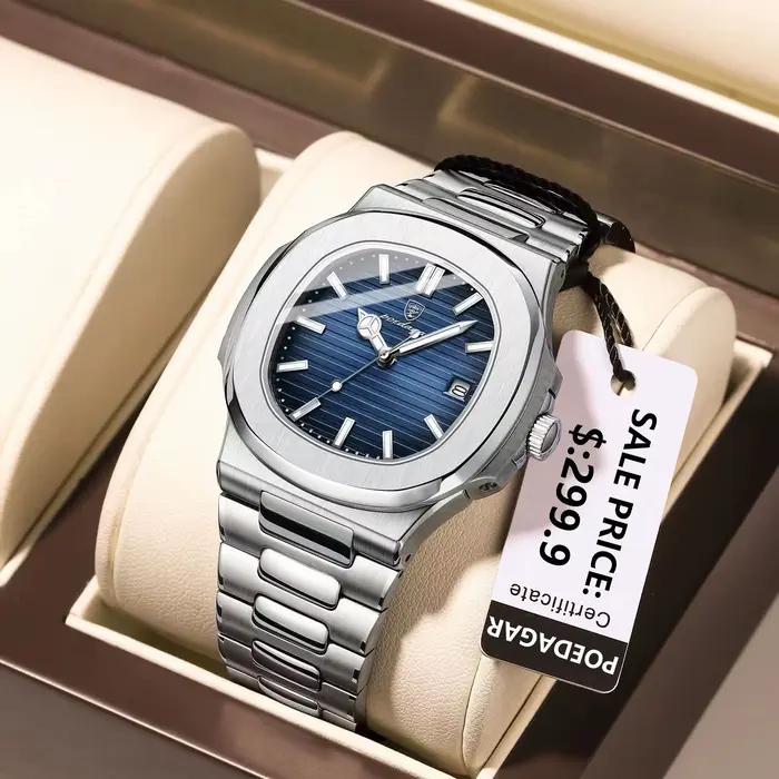 POEDAGAR mode carré Quartz homme horloge étanche lumineux Date montres en acier inoxydable pour homm
