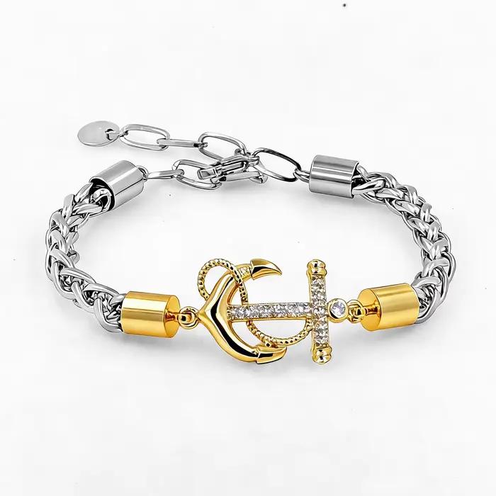 Bracelet ancre en acier inoxydable avec chaîne tressée en zircon cubique, fermoir réglable pour homm