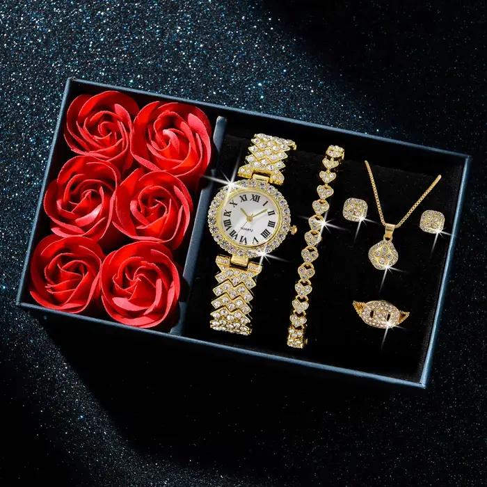 Mode luxe femmes or montre Bracelet collier 6 pièces ensemble dames diamant Quartz montre-Bracelet s