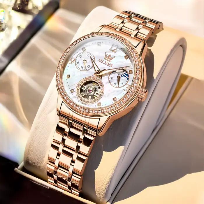 Montres mécaniques pour femmes de la marque OLEVS, montres squelette de luxe avec tourbillon, lunett