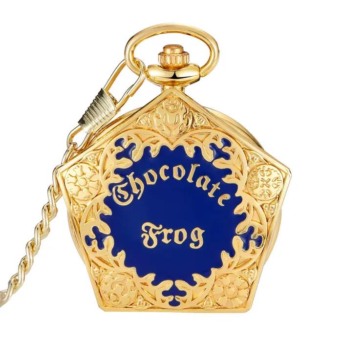 Montre de poche personnalisée de style collégial, boîtier pentagonal doré et bleu, pendentif à quart