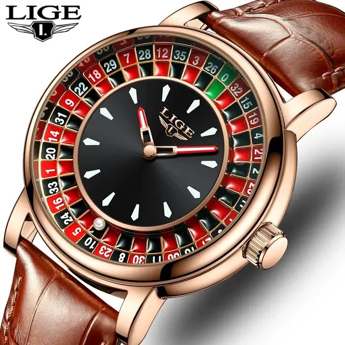 LIGE mode cuir marron hommes montre cadran rotatif Las Vegas Roulette bureau thème montre hommes éta
