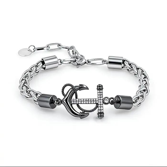 Bracelet ancre en acier inoxydable avec chaîne tressée en zircon cubique