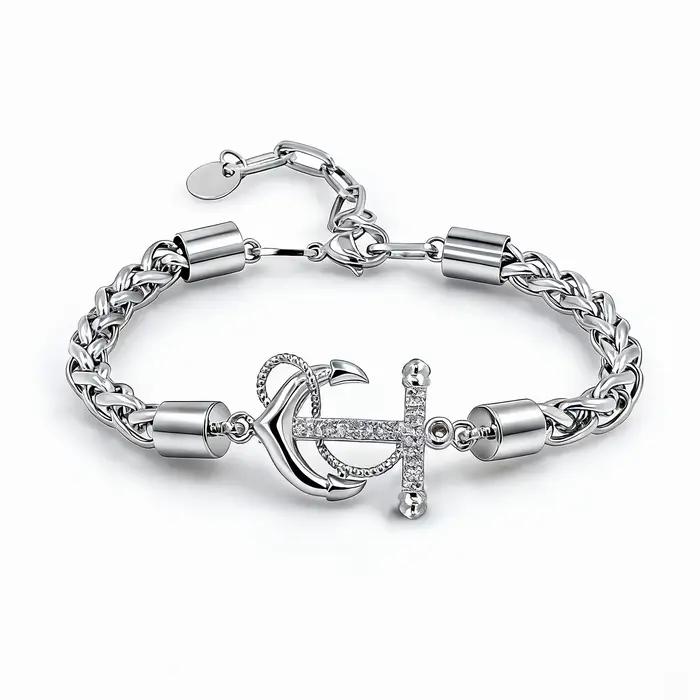 Bracelet ancre en acier inoxydable avec chaîne tressée en zircon cubique