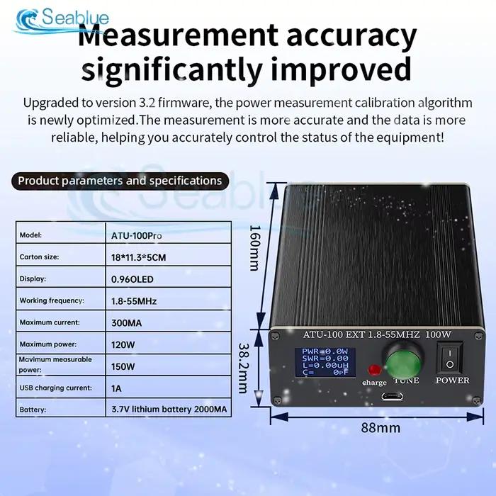 Tuner d'antenne automatique ATU-100Pro 1,8-55 MHz 120 W avec écran OLED de 0,96 pouce, données en temps réel, boîtier tout métal pour radioamateur