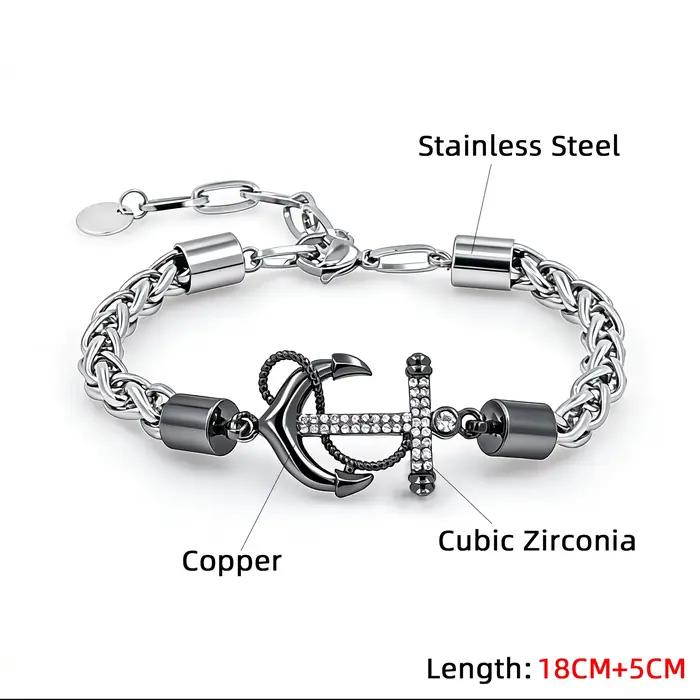 Bracelet ancre en acier inoxydable avec chaîne tressée en zircon cubique