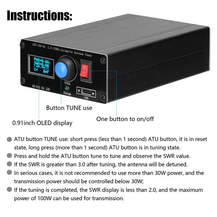 ATU-100-0A 1.8-55 MHz/30 MHz Mini accordeur d'antenne automatique affichage OLED boîtier en aluminium avec batterie 1800MAh accordeur d'antenne ATU