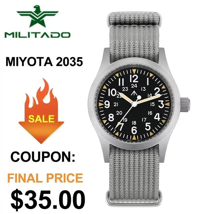 Militado ML05 38mm montre militaire mis5 2035 mouvement bombé saphir cristal C3 vert lumineux 10Bar étanche montres Vintage