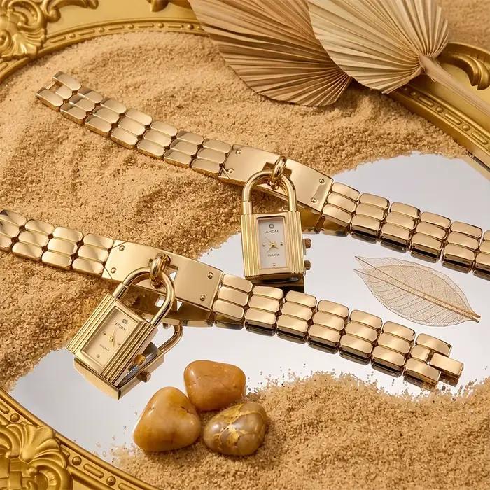  Montre en or - Montre tendance pour femme avec cadran en forme de cadenas créatif