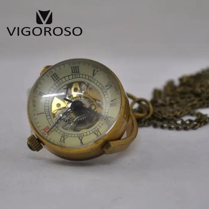 Montre De poche mécanique Vintage avec chaîne rétro en laiton Steampunk boule rotative Style verre squelette collier Relogio De Bolso