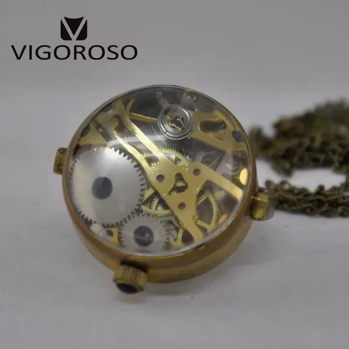 Montre De poche mécanique Vintage avec chaîne rétro en laiton Steampunk boule rotative Style verre squelette collier Relogio De Bolso