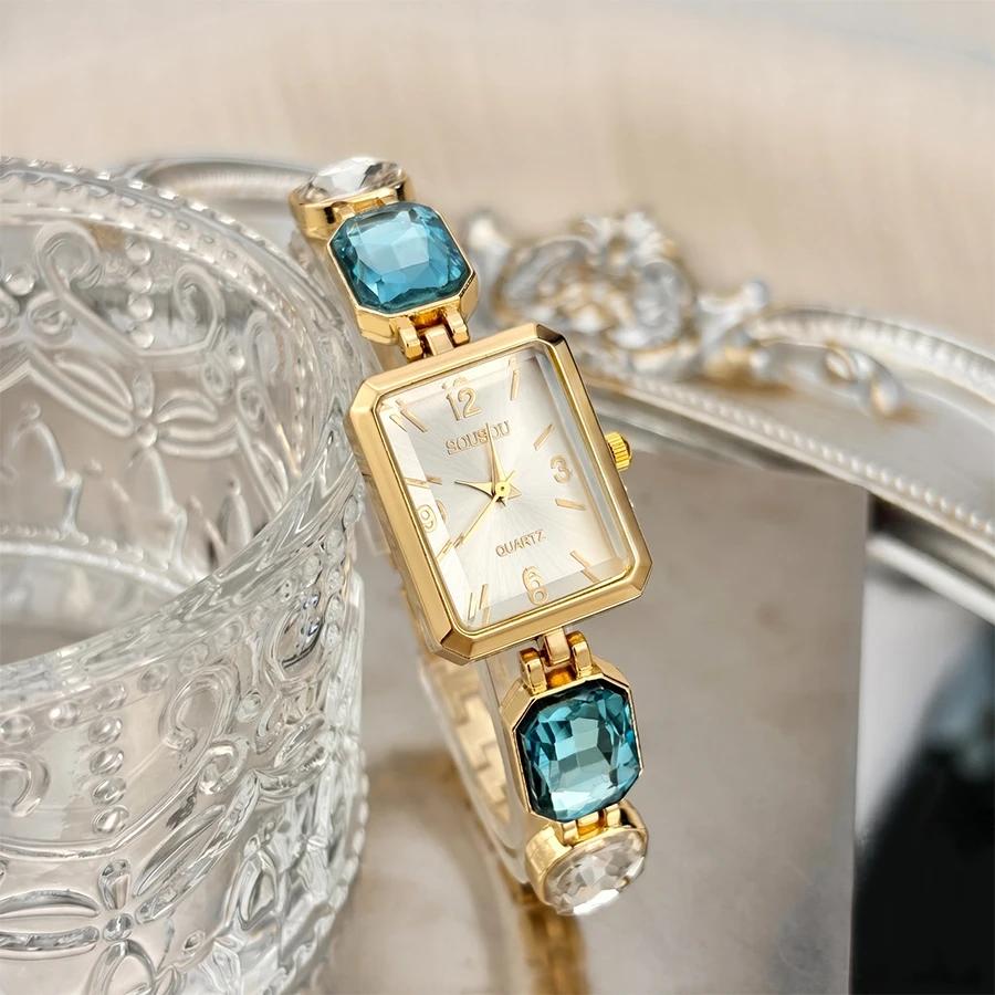 Montre tendance pour femmes : cadran rectangulaire, bracelet en cristal et strass, montre glamour de