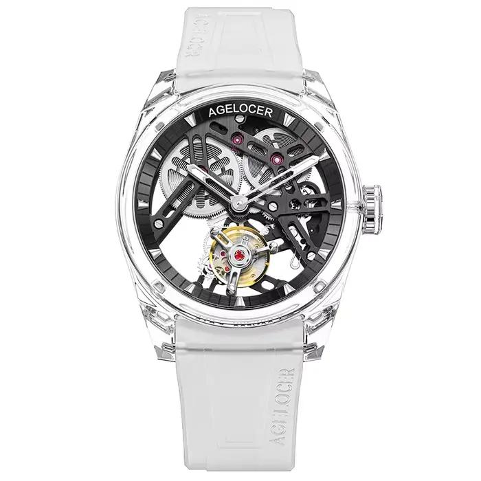 AGELOCER Édition Limitée "Ice Never Melts" Montre Tourbillon à Cristaux à Ressort Libre Montres Méca
