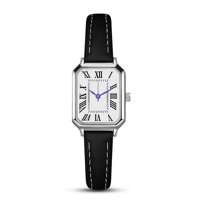 Montre femme carrée, bracelet cuir noir, chiffres romains, élégante pour bureau et quotidien