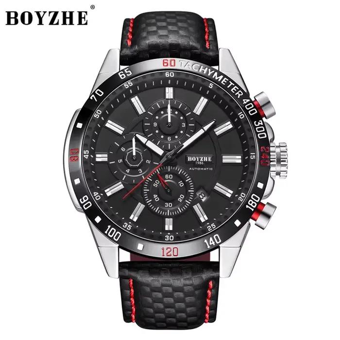 BOYZHE Original montre pour hommes affaires sport bracelet en cuir montre mécanique étanche lumineux