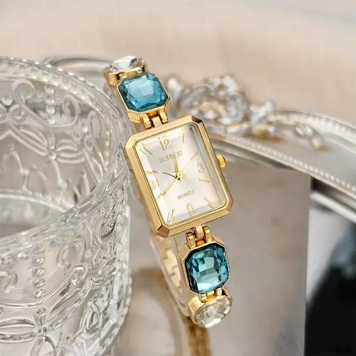 Montre tendance pour femmes : cadran rectangulaire, bracelet en cristal et strass, montre glamour de