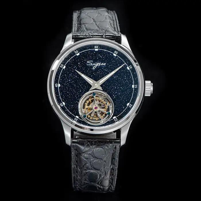 Sugess Tourbillon mouvement montre hommes de luxe mécanique montre-bracelet véritable pierre bleue Glamour maître