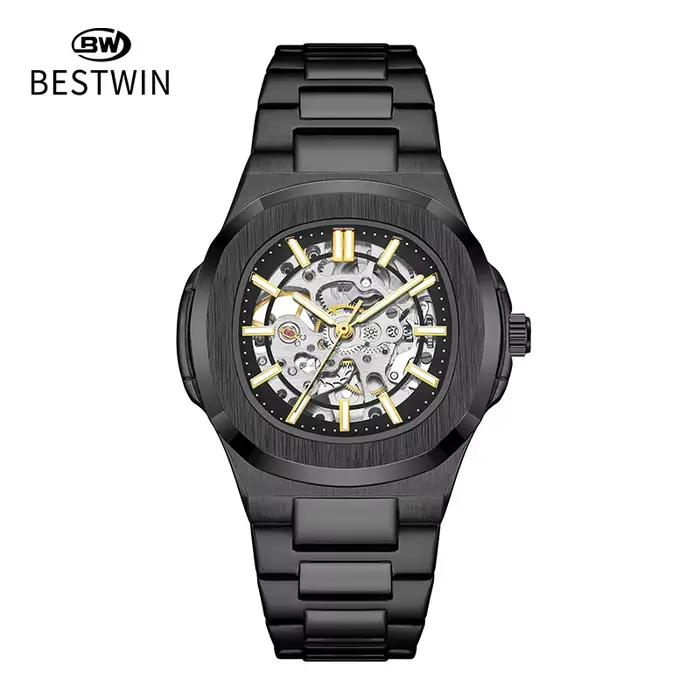 Montre pour homme entièrement automatique, mécanique, double face creuse, lumineuse, étanche, en aci