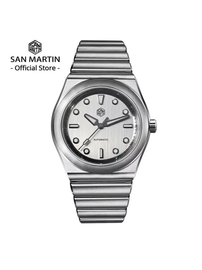 Montre de sport San Martin 40mm avec mouvement Miyota 90S5 bracelet incurvé acier inoxydable résistante à l'eau pour hommes occasions spéciales