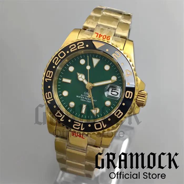Montres Vintage personnalisées pour hommes, or jaune NH34, automatique, mécanique, cadran vert, lune