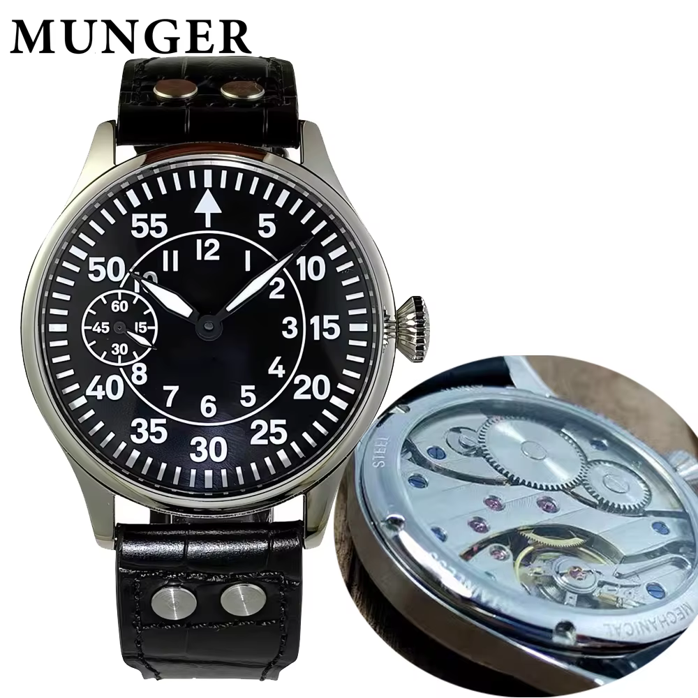 Montre de pilote Munger à remontage manuel de style militaire (style aviateur allemand) avec mouveme