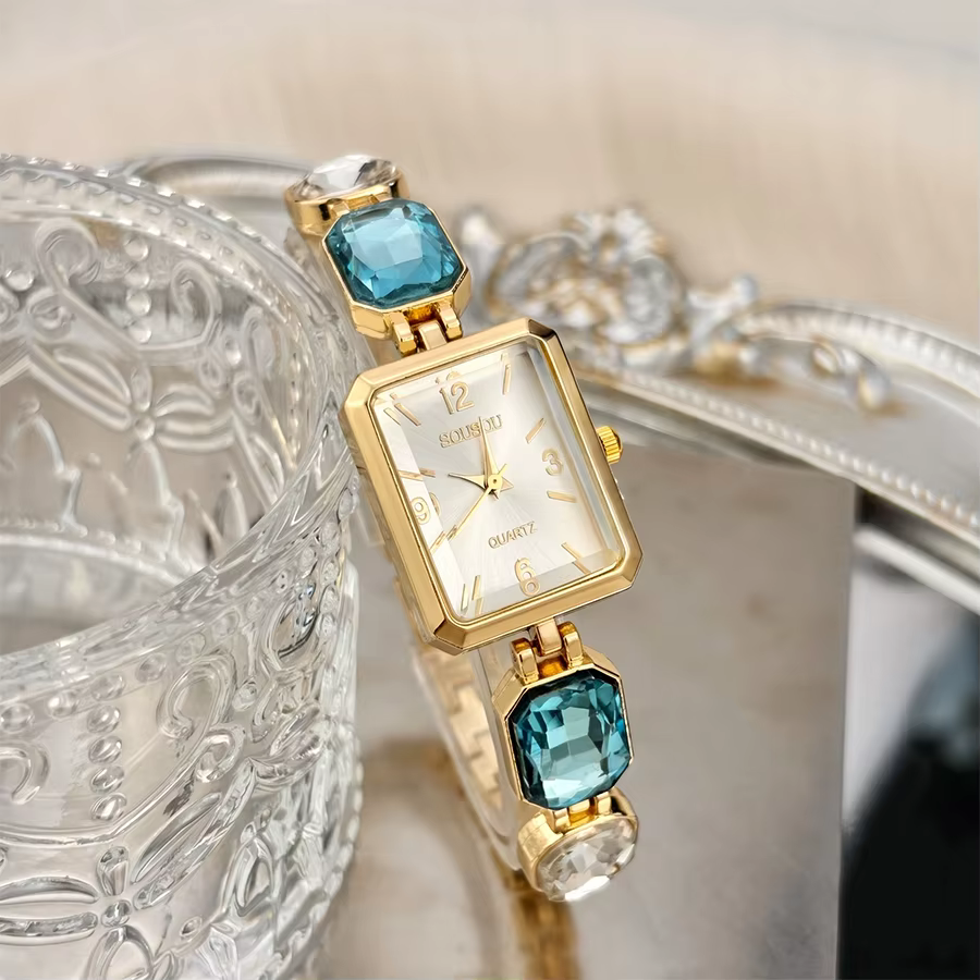 Montre tendance pour femmes : cadran rectangulaire, bracelet en cristal et strass, montre glamour de