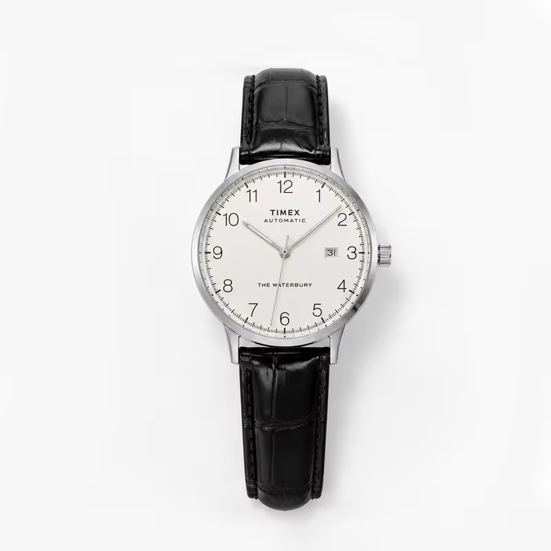 Montre mécanique automatique vintage Timex The Waterbury pour homme, cadran noir et blanc, bracelet 
