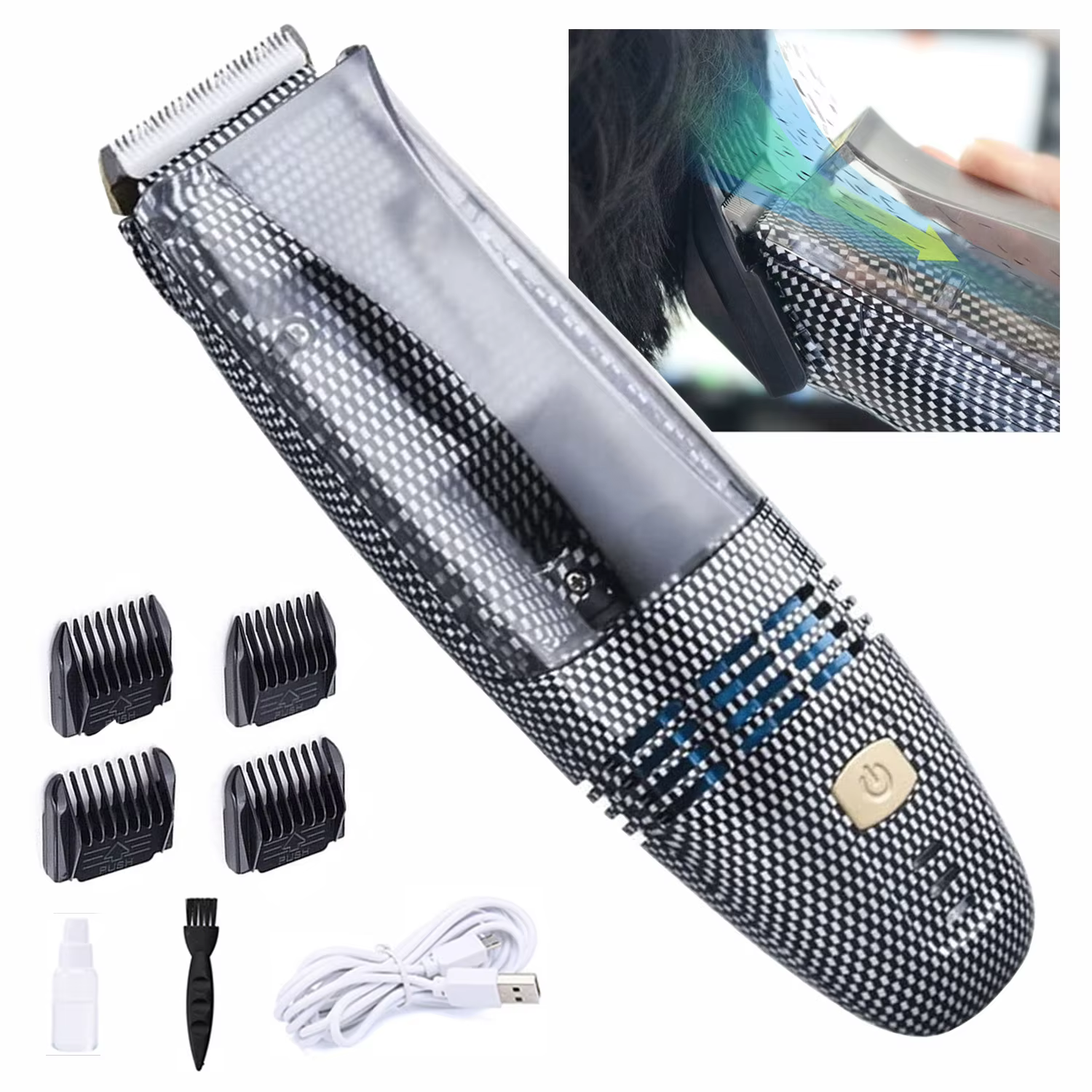 Tondeuse à cheveux électrique à aspiration automatique pour hommes, aste par USB, avec 4 peignes de