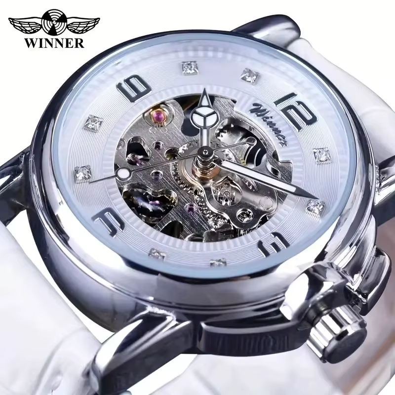 Montre mécanique creuse pour femme à la mode, boîtier en alliage élégant et bracelet en cuir, cadran