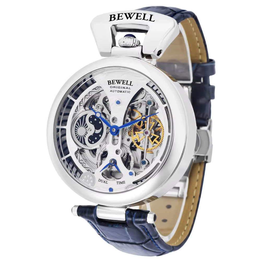 Montre mécanique automatique haut de gamme étanche avec bracelet en cuir véritable et fond transpare