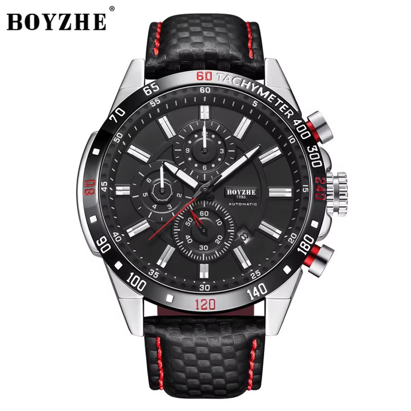BOYZHE Original montre pour hommes affaires sport bracelet en cuir montre mécanique étanche lumineux