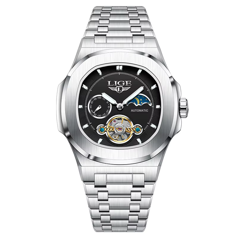 Montre mécanique LIGE avec double tourbillon, affichage 24 heures, en acier inoxydable, authentique,