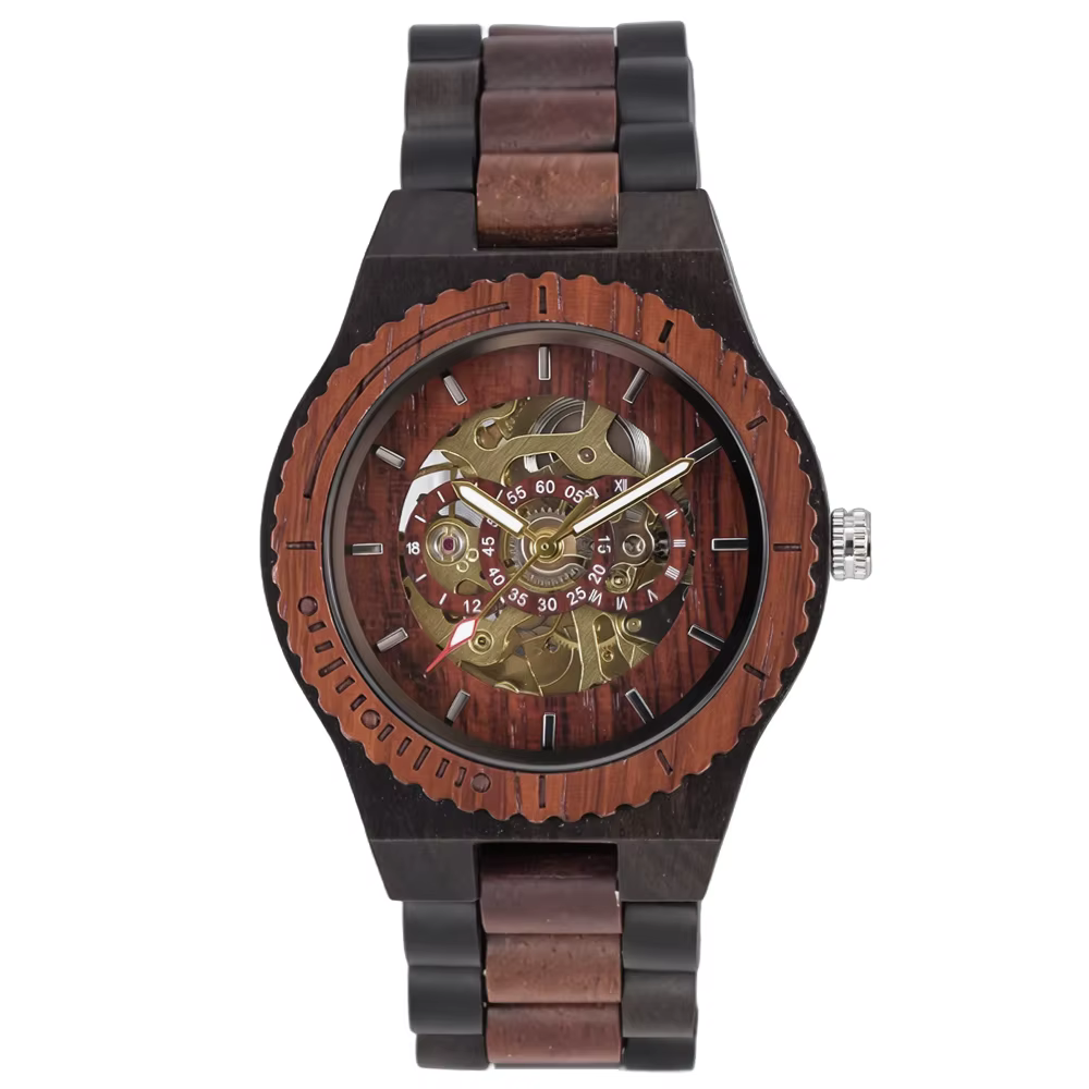 Montre pour femme avec un design élégant et tendance, squelette en bois, mouvement automatique et fe