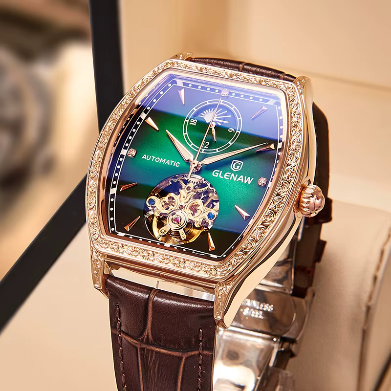 Montre-bracelet de luxe pour homme, marque haut de gamme, tourbillon, étanche, automatique, en cuir,