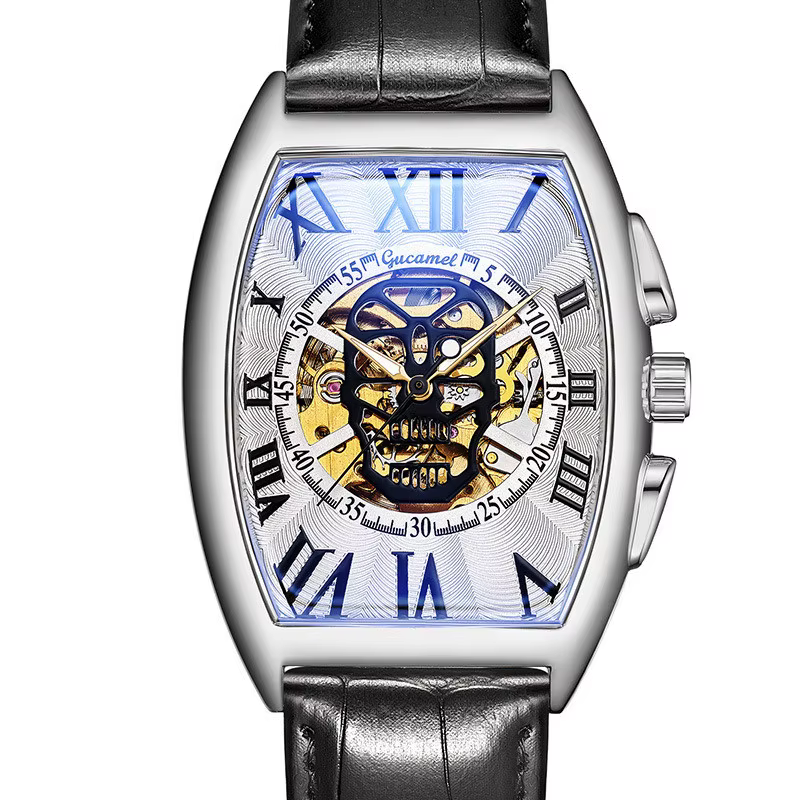 Montre Mécanique existent Creuse pour Homme, Bracelet en Cuir, Tourbillon Tonneau Crâne, Cadeau Homm
