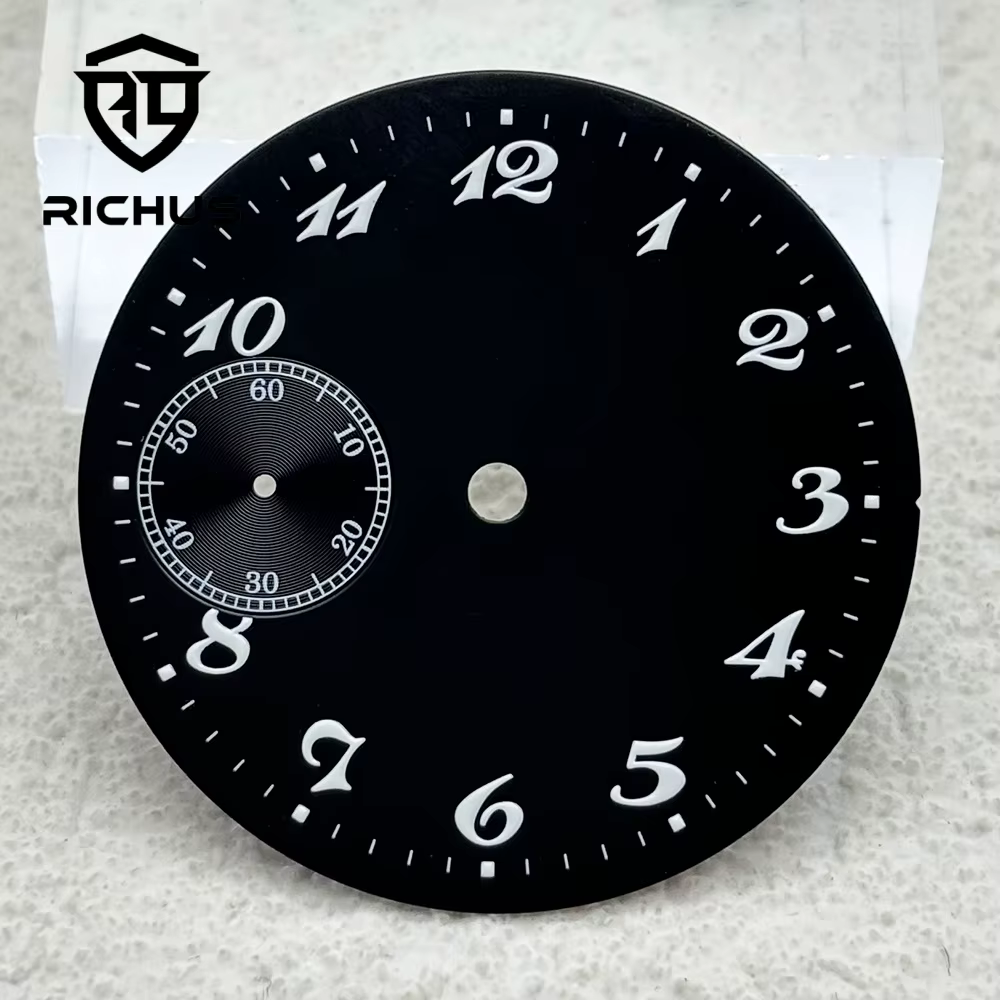 Cadran de montre RICHUS 37 mm, noir et blanc, avec aiguilles luminescentes vertes, mouvement ETA 649