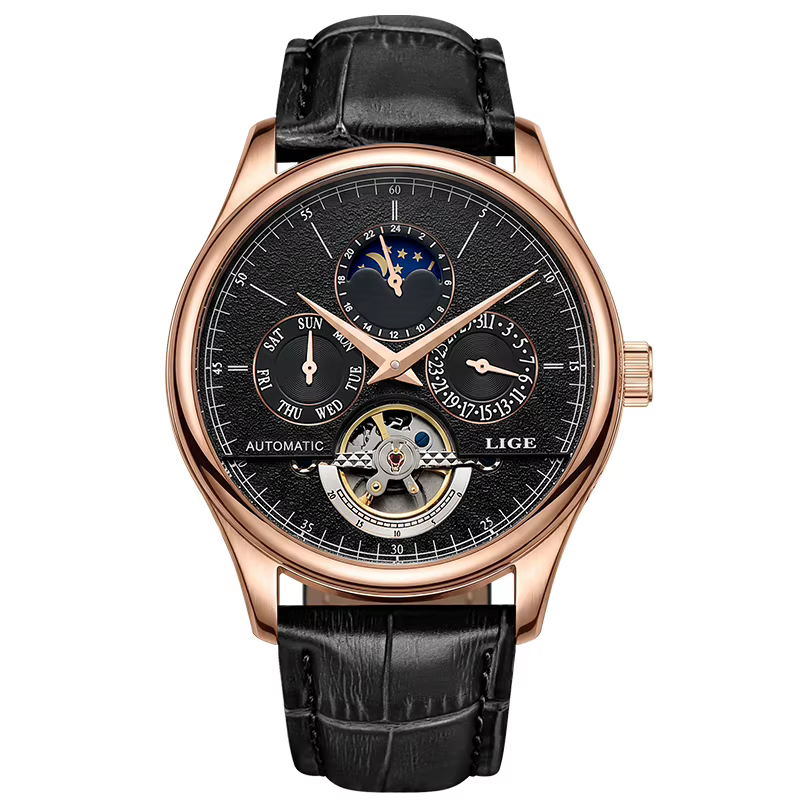 Montres pour hommes LIGE, montre mécanique originale, tourbillon, étanche, bracelet en cuir, phase d