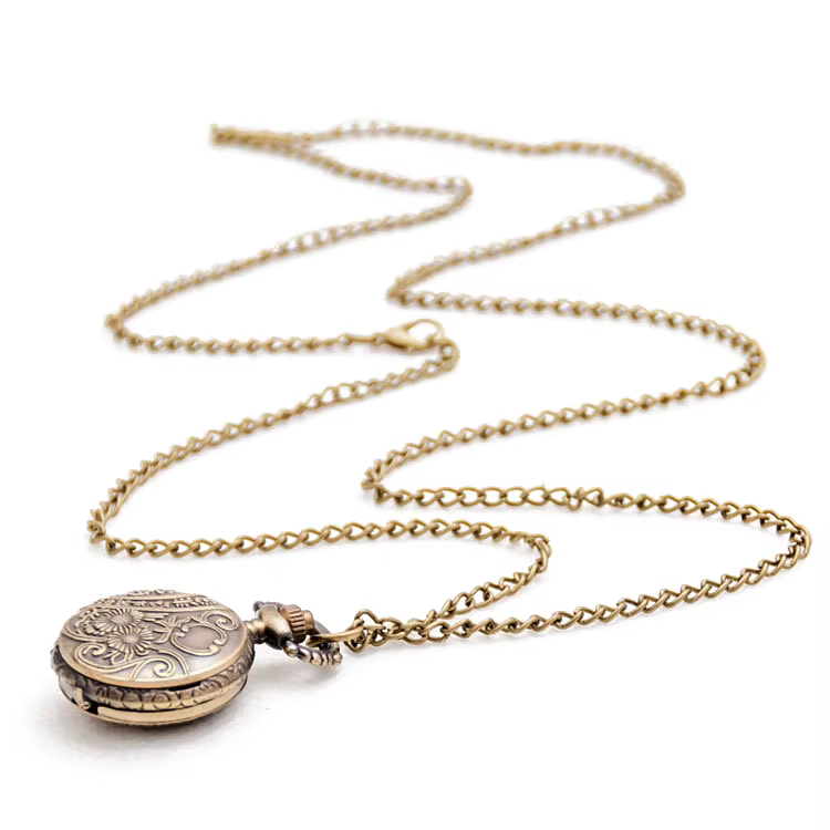 BAADE mode Vintage rétro Bronze montre à quartz chaîne de poche pendentif collier (lotus)