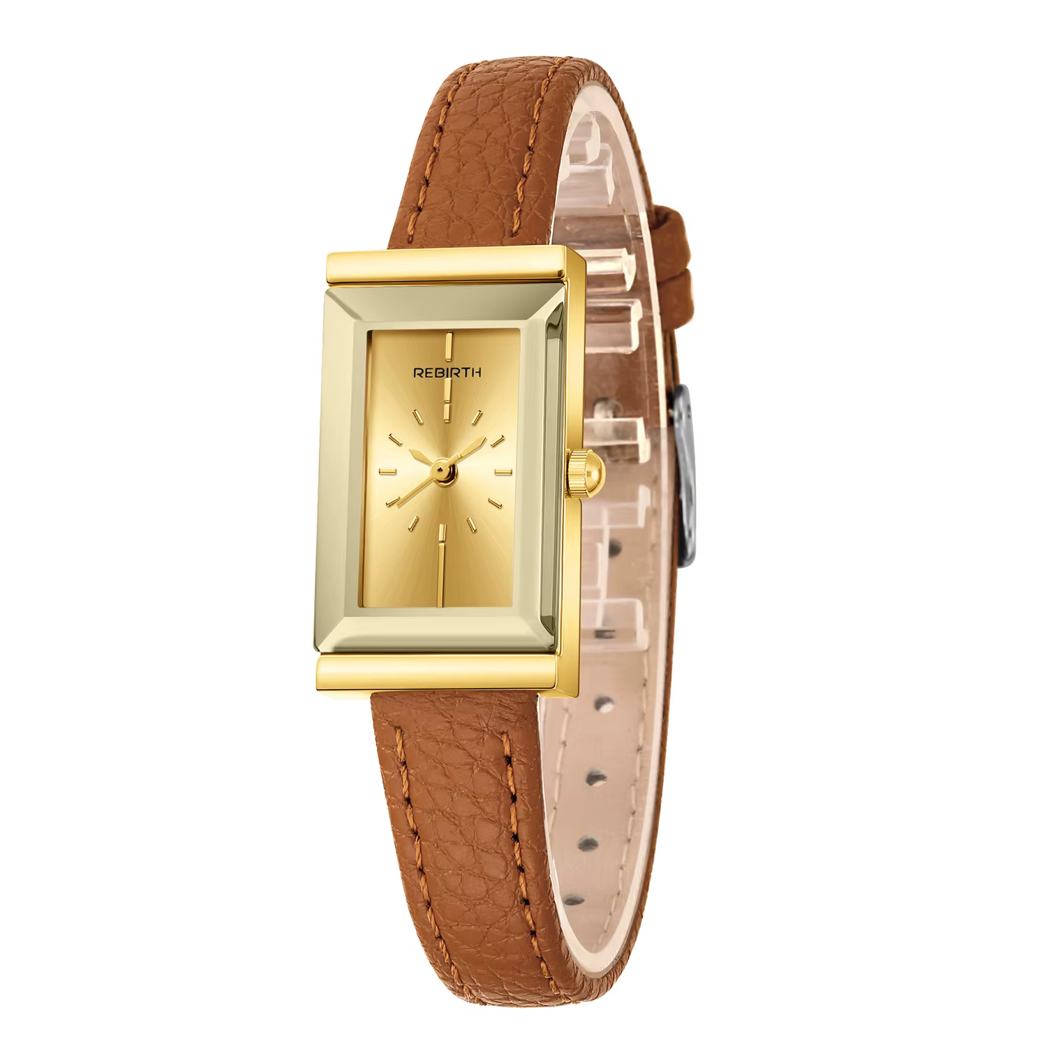 1 montre pour femme de style rétro français, petite, avec bracelet en cuir grainé, cadran doré simpl