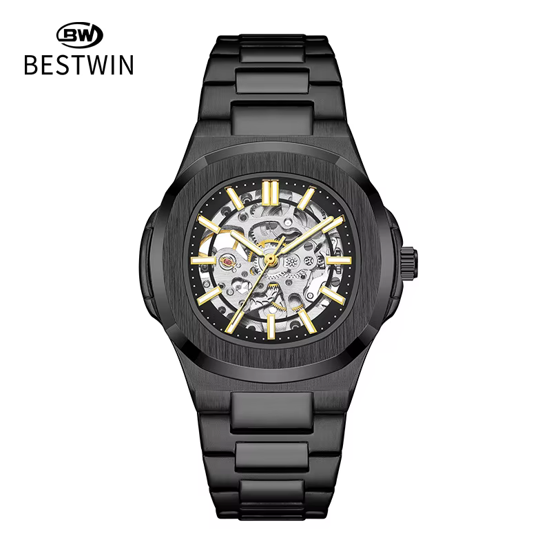 Montre pour homme entièrement automatique, mécanique, double face creuse, lumineuse, étanche, en aci