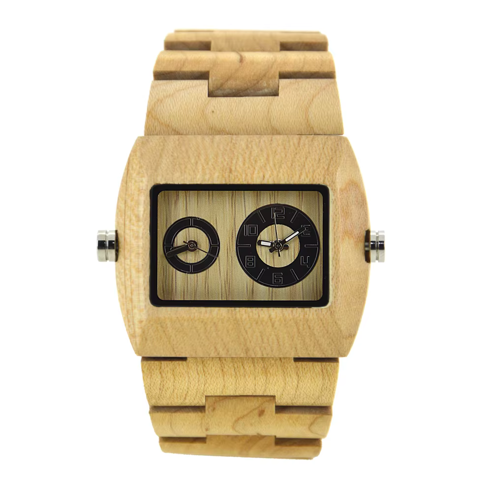 Montre Bracelet Homme en Bois Cadran Carré Rectangulaire Double Affichage Heure Quartz Style Professionnel Décontracté