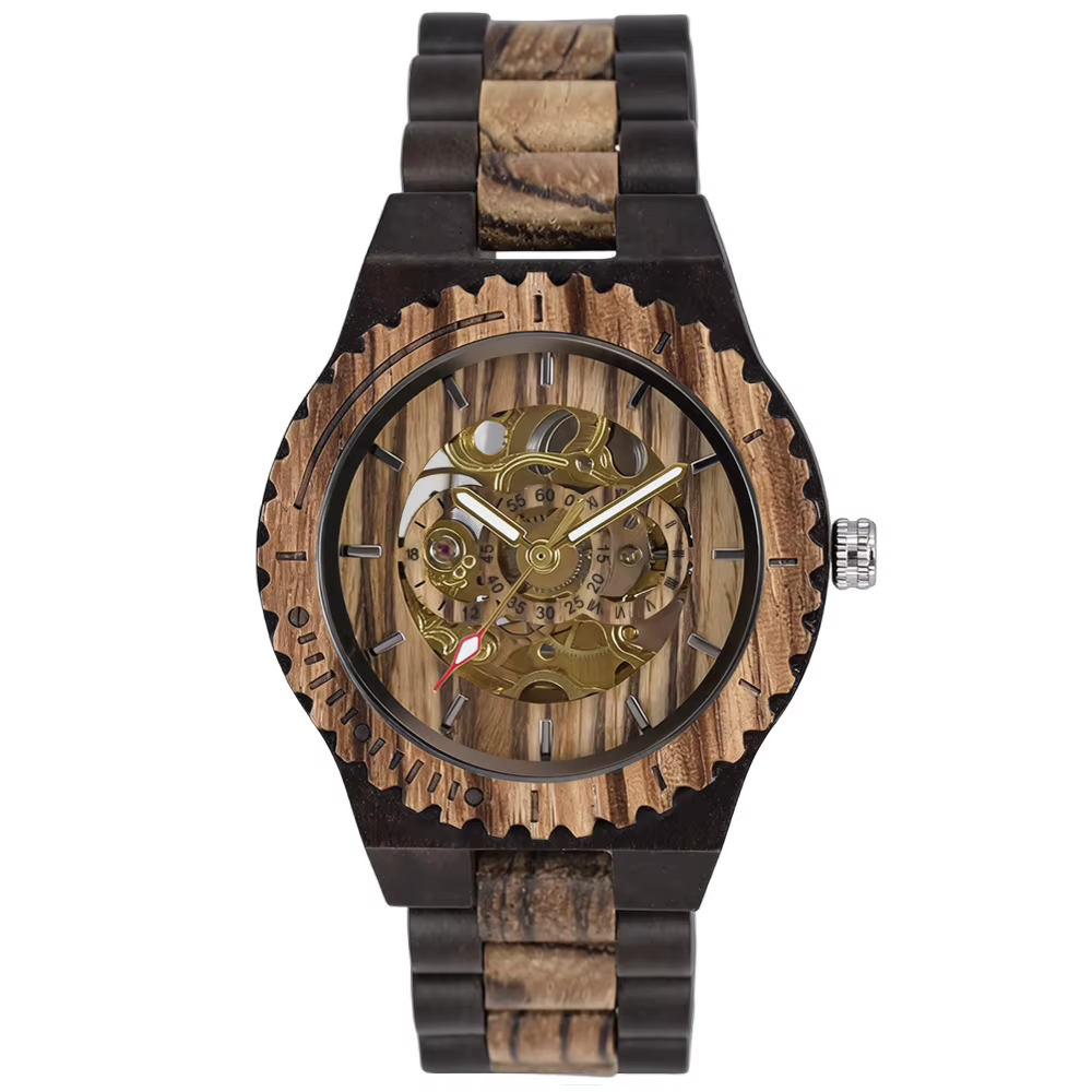 Montre pour femme avec un design élégant et tendance, squelette en bois, mouvement automatique et fermoir pliable rond