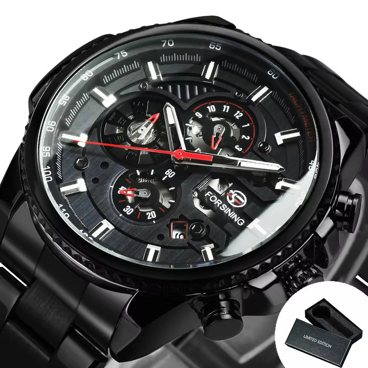 Forsining-Montres-bracelets de sport mécaniques pour hommes, cadrans multifonctions, mains Shoes, montre automatique militaire, bracelet en acier de luxe