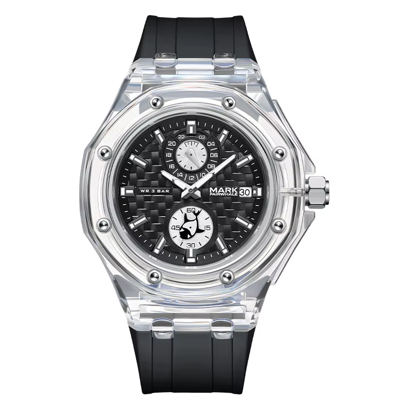 Mark Fairwhale 5830 boîtier acrylique Transparent montre à Quartz lumineuse Sport montres étanches pour hommes pointeur baleine Relogio Mascuo