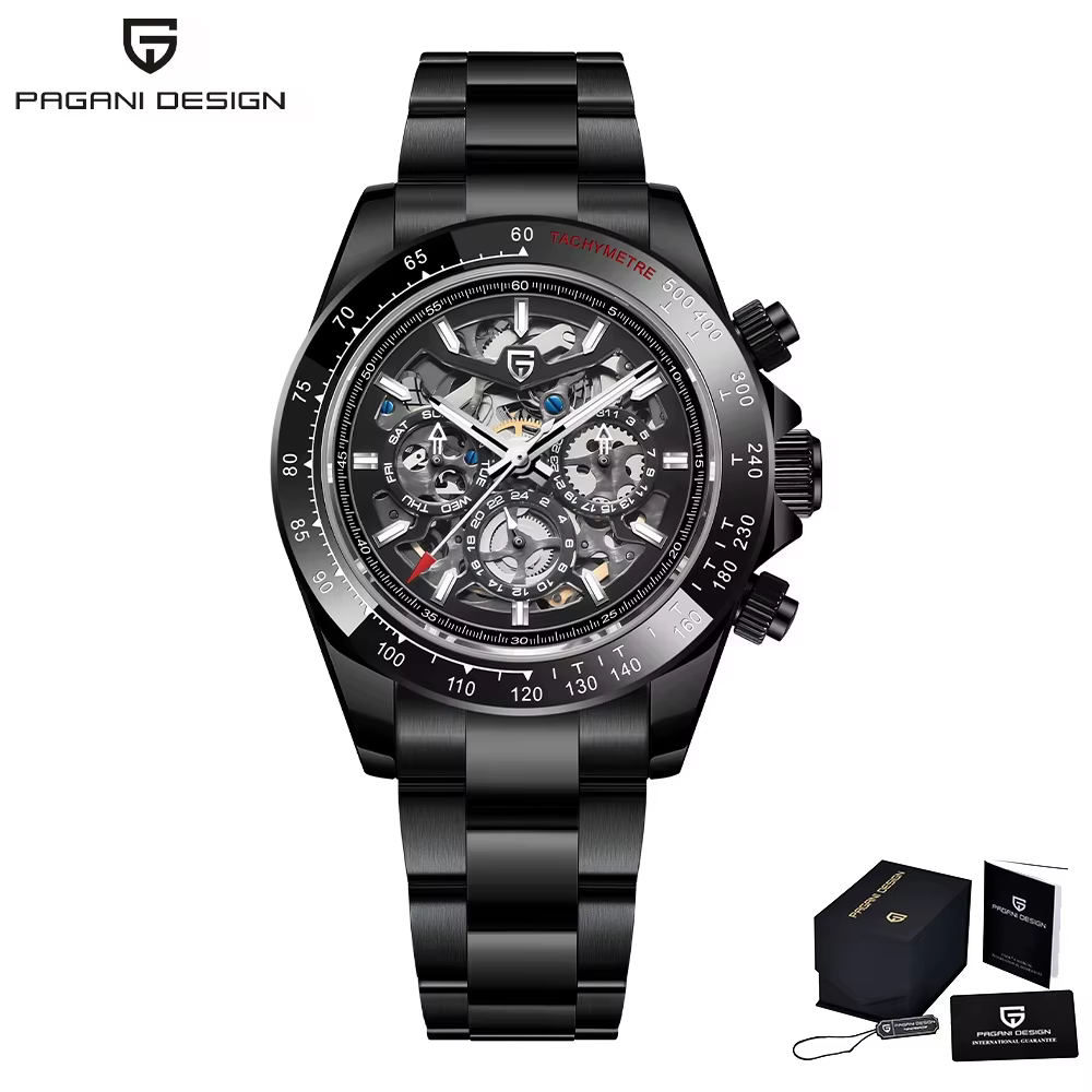 Montre mécanique automatique pour homme PAGANI DESIGN avec lunette sertie de pierres précieuses colorées
