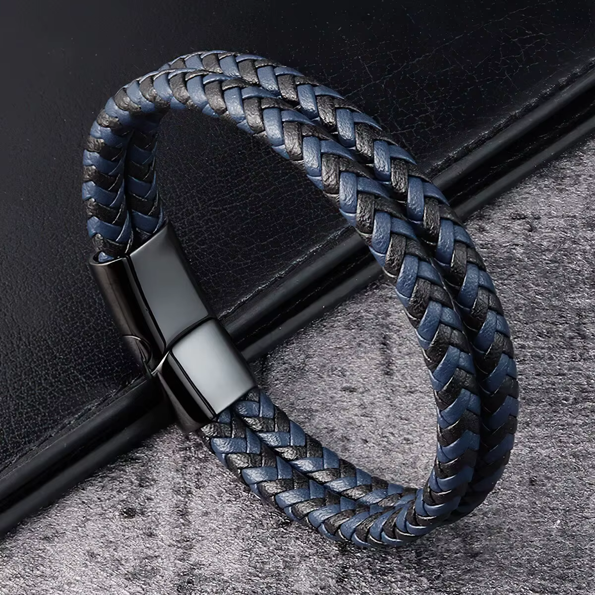 Bracelet en cuir véritable tressé noir et bleu pour hommes, Double bande