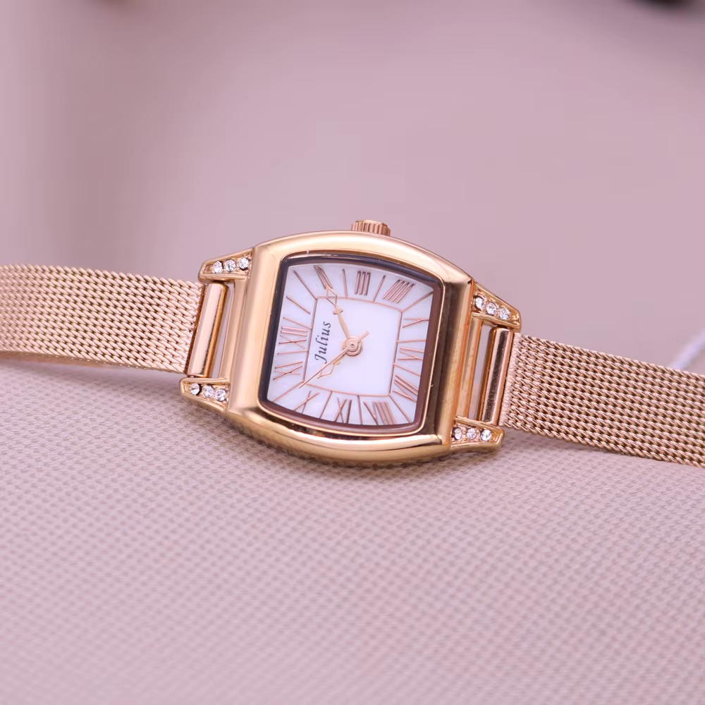 Julius Lady femme petite montre dorée nacre mode heures robe chaîne en acier inoxydable école OL fille anniversaire boîte-cadeau