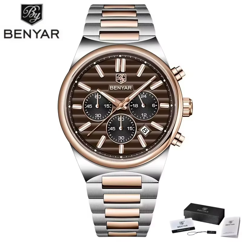 EBNYAR nouveau 5214 chronographe 42mm montre à Quartz en acier inoxydable étanche montres pour hommes haut de gamme montre-bracelet cadeau reloj hombre